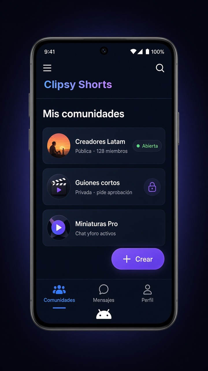 Ejemplo de Mis comunidades: Creadores Latam pública, Guiones cortos privada y Miniaturas Pro