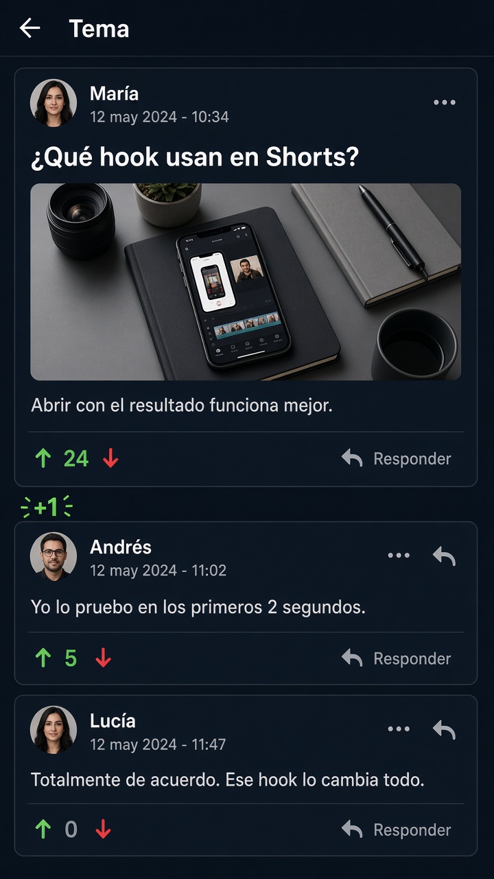 Ejemplo de un tema abierto con foto, respuestas y flechas de voto verde y roja