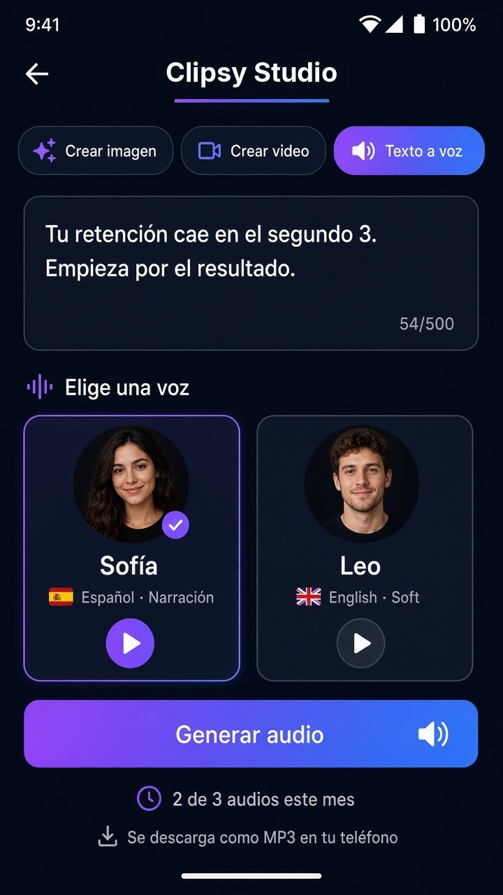 Ejemplo de Clipsy Studio con Texto a voz: el guion, las voces Sofía y Leo, y el botón Generar audio